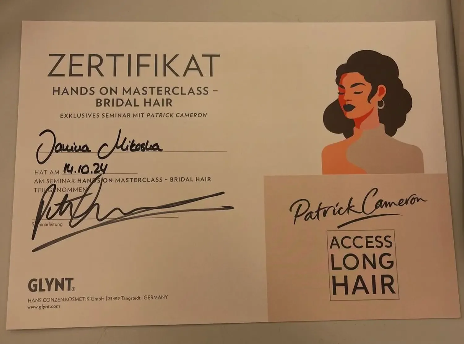 Zertifikat GLYNT „Bridal Hair“ mit Patrick Cameron, 2024